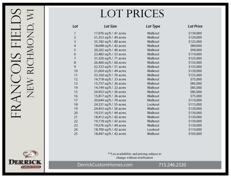 Francois Field Single Family Lot Prices