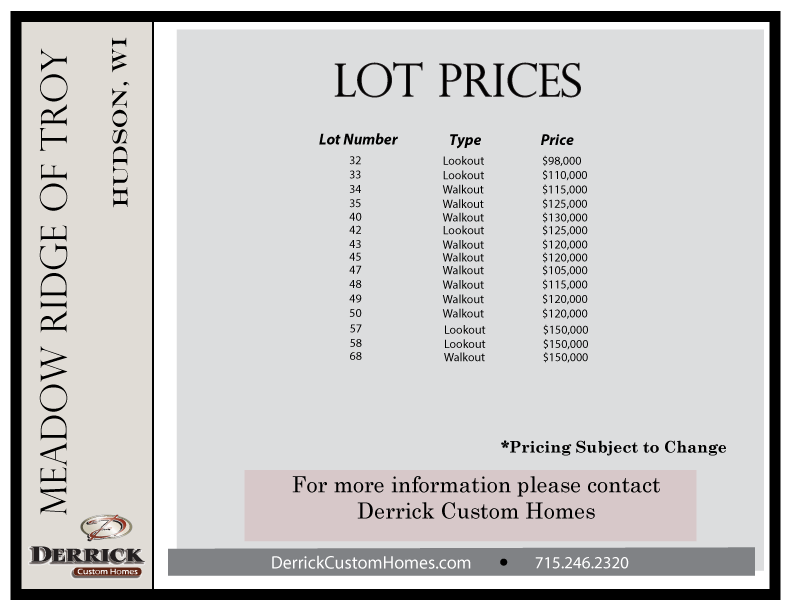 Lot Prices for Meadow Ridge of Troy Hudson WI