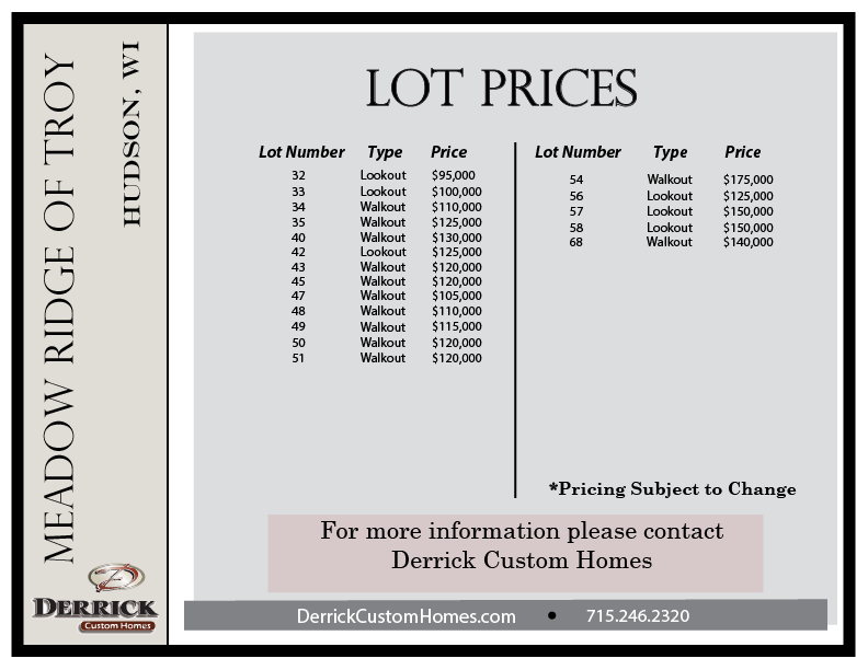 Lot Prices for Meadow Ridge of Troy Hudson WI