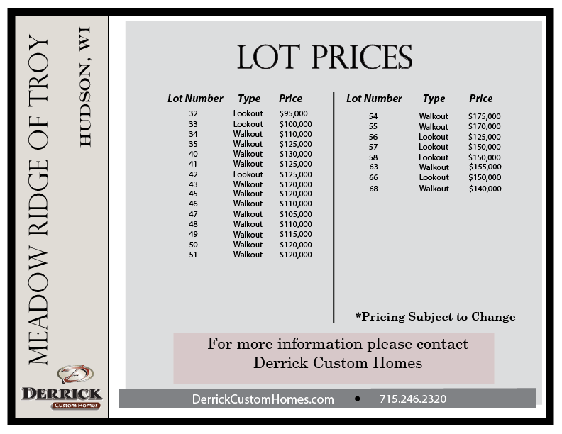 Lot Prices for Meadow Ridge of Troy Hudson WI